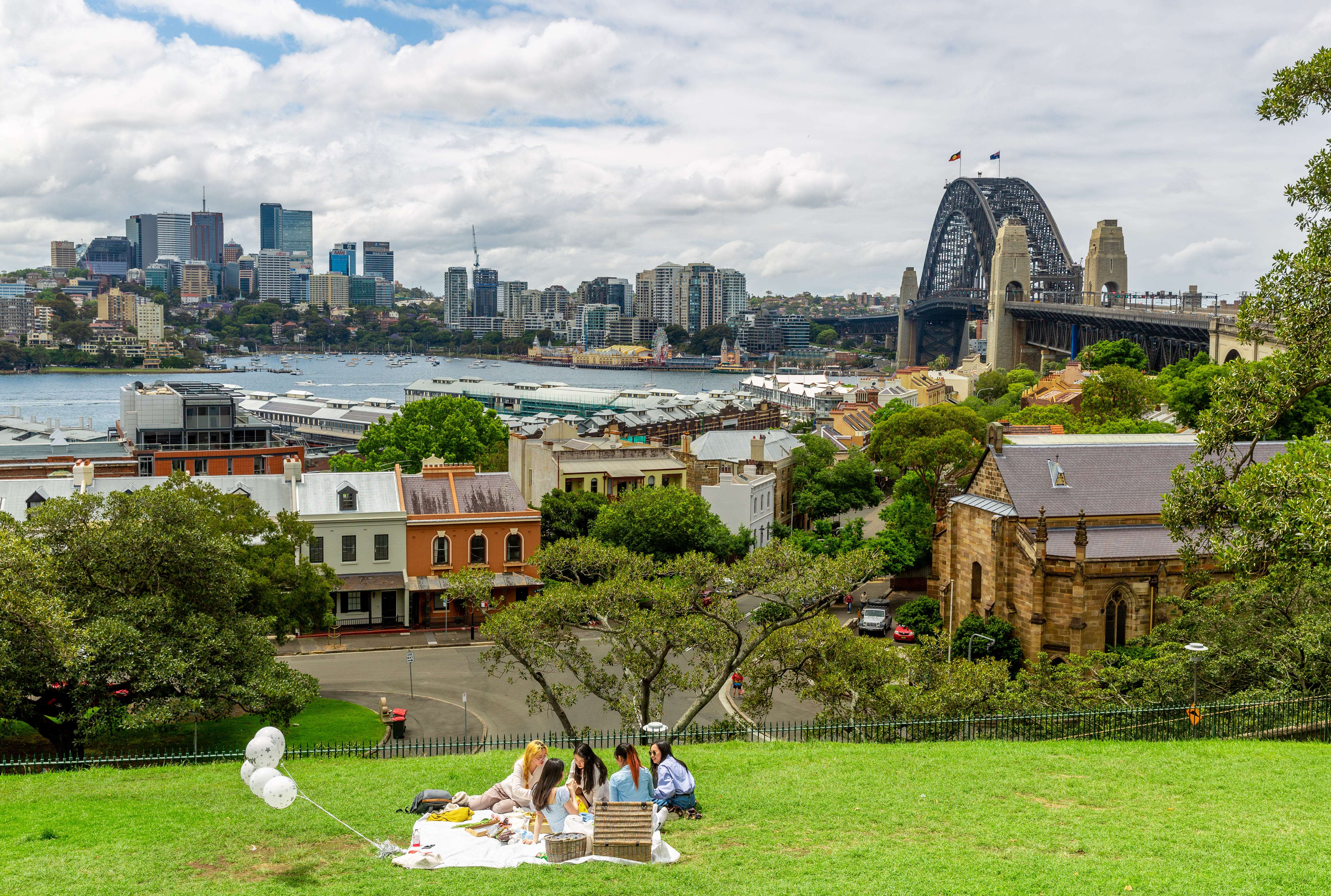 A panoramic View across Observatory Hill Park towards the Harbor Bridge Sydney